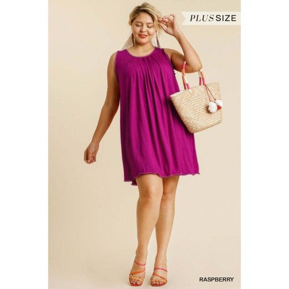 Umgee Plus Size Raspberry V-Neck Crochet Detail Sleeveless Dress - Picture 2 of 12